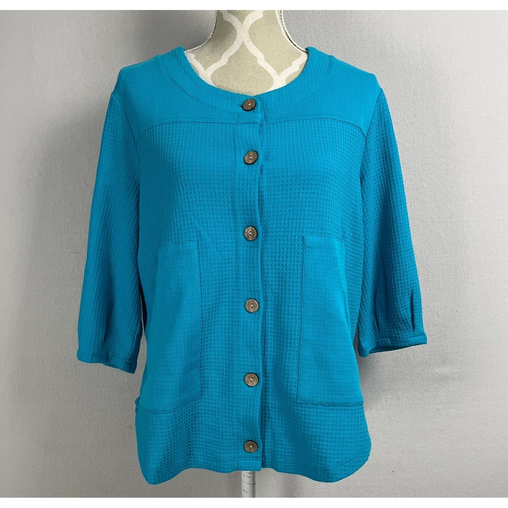 NEON BUDDHA Top Womens Size Small Button Up 3/4 Sleeve Waffle Knit Pockets Layer